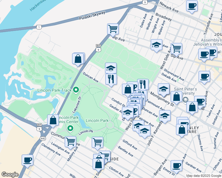 map of restaurants, bars, coffee shops, grocery stores, and more near Duncan Avenue & Mallory Avenue in Jersey City