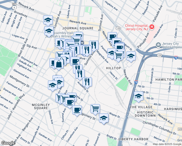 map of restaurants, bars, coffee shops, grocery stores, and more near 187 Baldwin Avenue in Jersey City