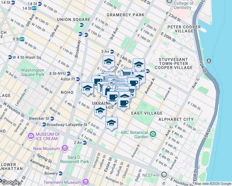map of restaurants, bars, coffee shops, grocery stores, and more near East 9th Street in New York