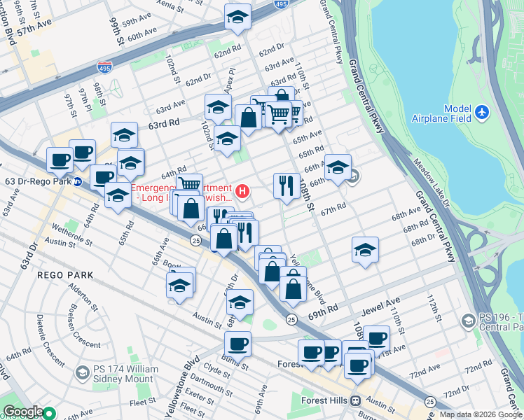 map of restaurants, bars, coffee shops, grocery stores, and more near 102-31 67th Avenue in Queens