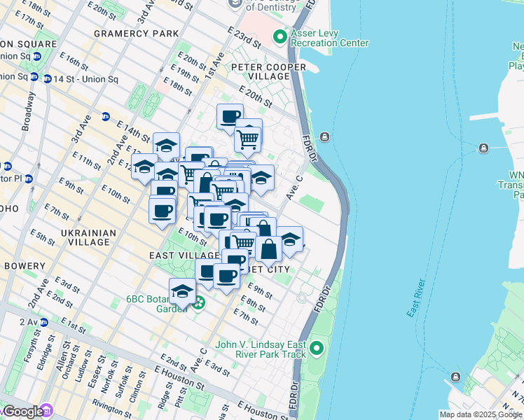 map of restaurants, bars, coffee shops, grocery stores, and more near 641 East 13th Street in New York