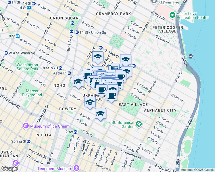 map of restaurants, bars, coffee shops, grocery stores, and more near 69 Saint Marks Place in New York