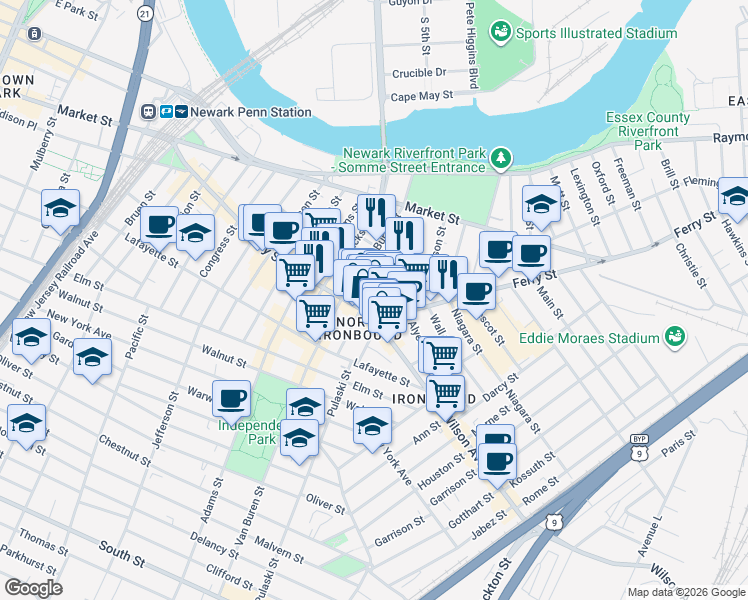 map of restaurants, bars, coffee shops, grocery stores, and more near 214 Ferry Street in Newark