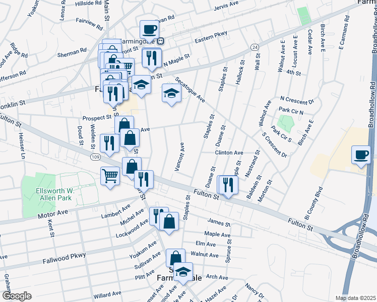 map of restaurants, bars, coffee shops, grocery stores, and more near 293 Vancott Avenue in Farmingdale
