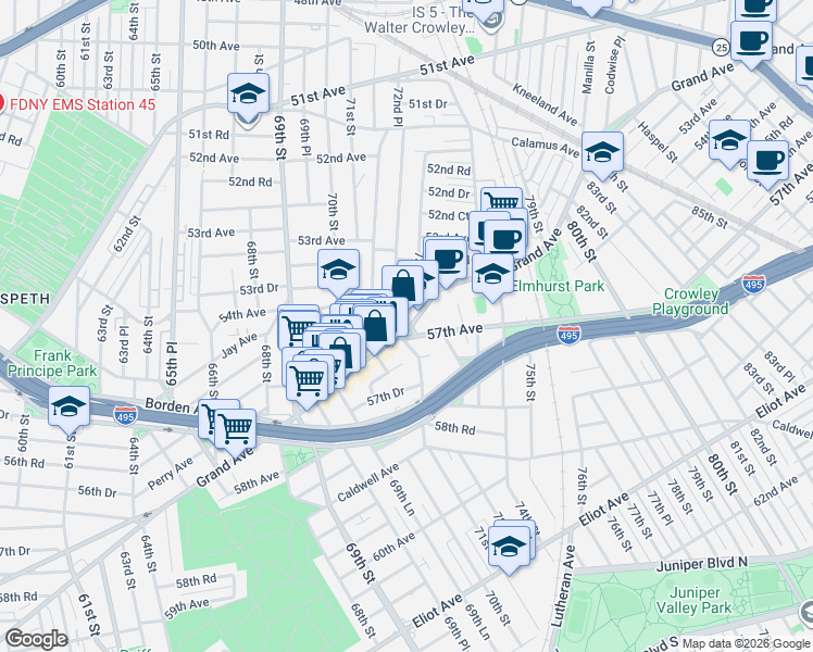 map of restaurants, bars, coffee shops, grocery stores, and more near 71-20 Grand Avenue in Queens
