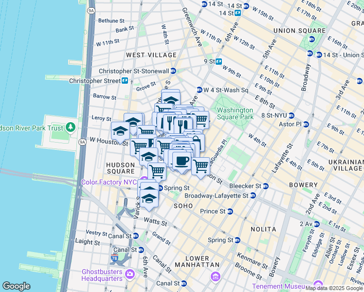 map of restaurants, bars, coffee shops, grocery stores, and more near 5 King Street in New York