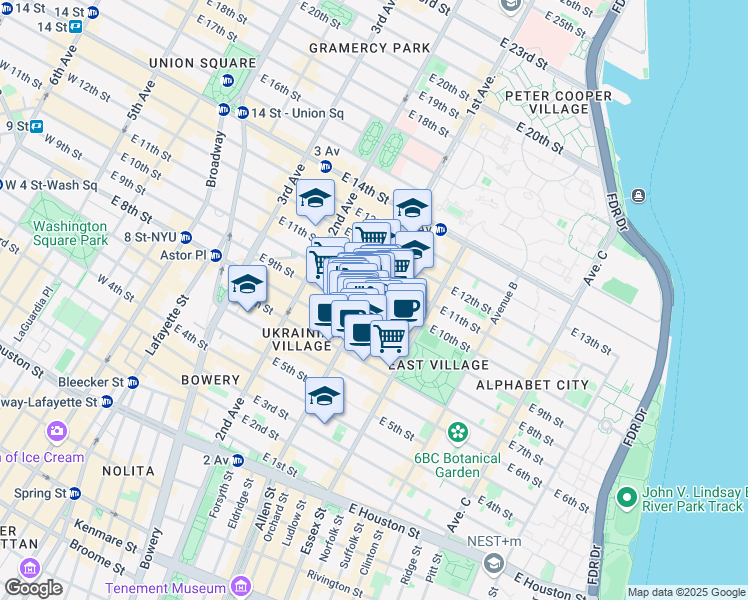 map of restaurants, bars, coffee shops, grocery stores, and more near 246 East 10th Street in New York