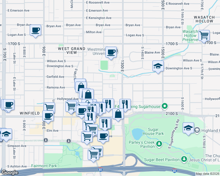 map of restaurants, bars, coffee shops, grocery stores, and more near 1943 Douglas Street in Salt Lake City