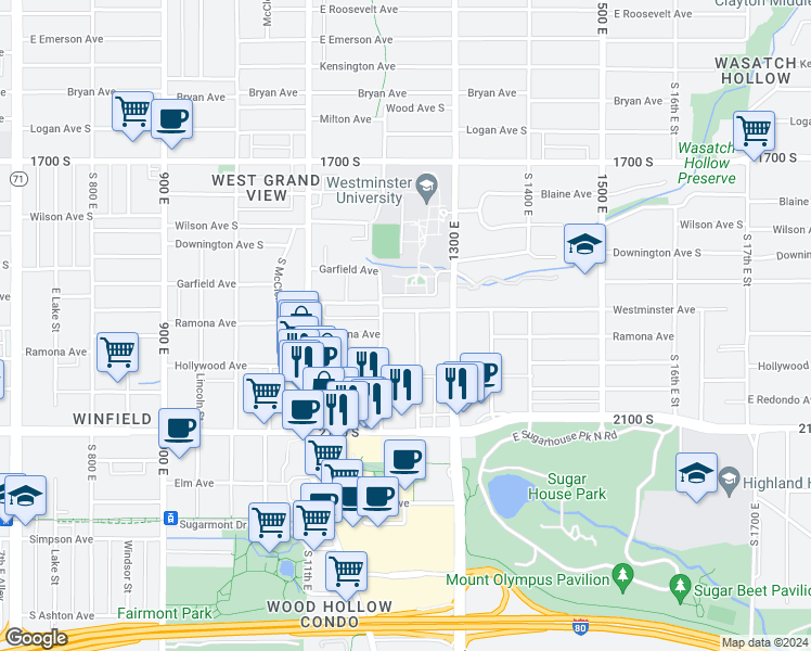 map of restaurants, bars, coffee shops, grocery stores, and more near 1937 South 12th East in Salt Lake City