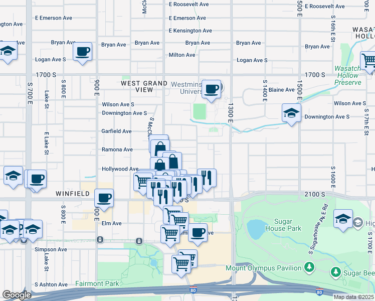 map of restaurants, bars, coffee shops, grocery stores, and more near 1150 Ramona Avenue in Salt Lake City