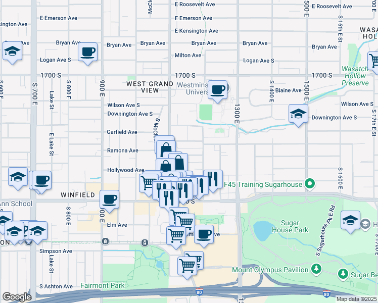 map of restaurants, bars, coffee shops, grocery stores, and more near 1150 Ramona Avenue in Salt Lake City