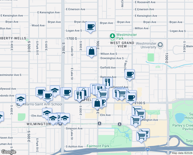 map of restaurants, bars, coffee shops, grocery stores, and more near 1940 900 East in Salt Lake City