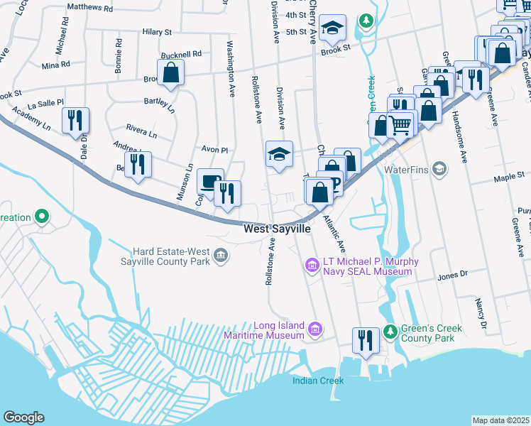 map of restaurants, bars, coffee shops, grocery stores, and more near in West Sayville