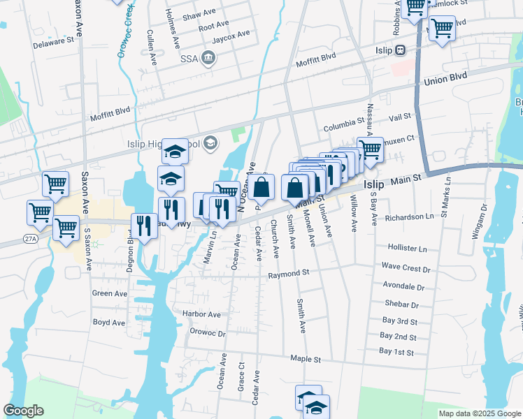 map of restaurants, bars, coffee shops, grocery stores, and more near 320 Main Street in Islip