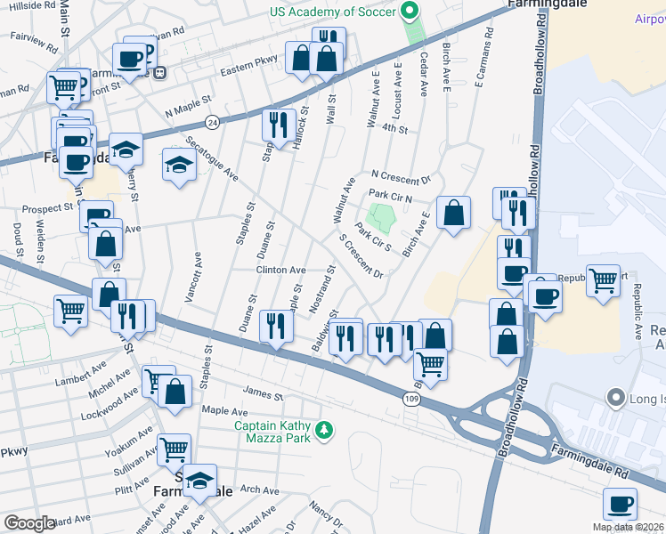 map of restaurants, bars, coffee shops, grocery stores, and more near 16 Nostrand Street in Farmingdale
