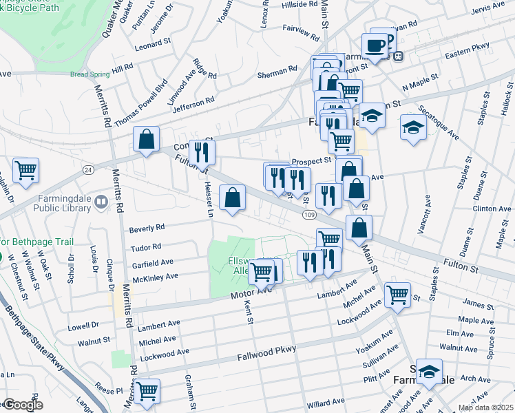 map of restaurants, bars, coffee shops, grocery stores, and more near 474 Fulton Street in Farmingdale