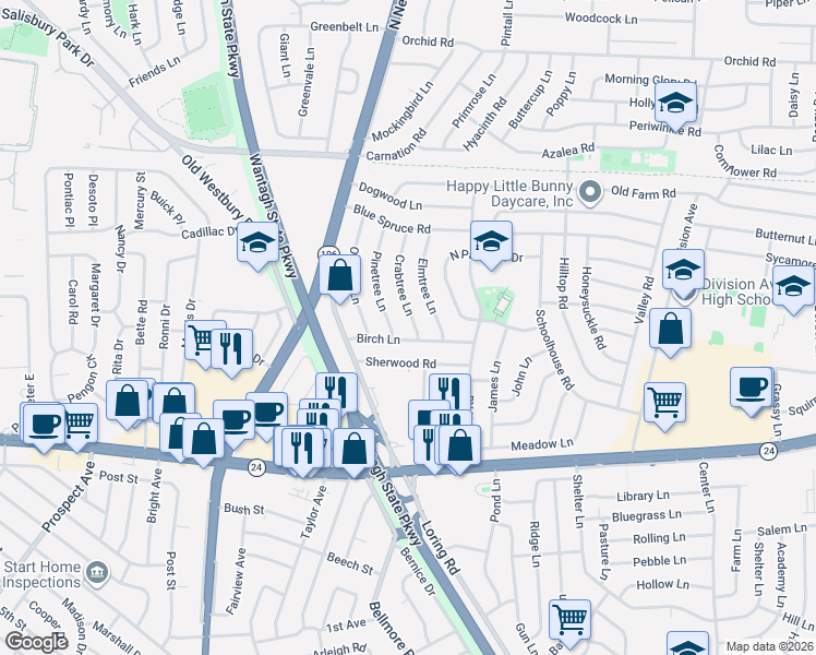 map of restaurants, bars, coffee shops, grocery stores, and more near 24 Birch Lane in Levittown