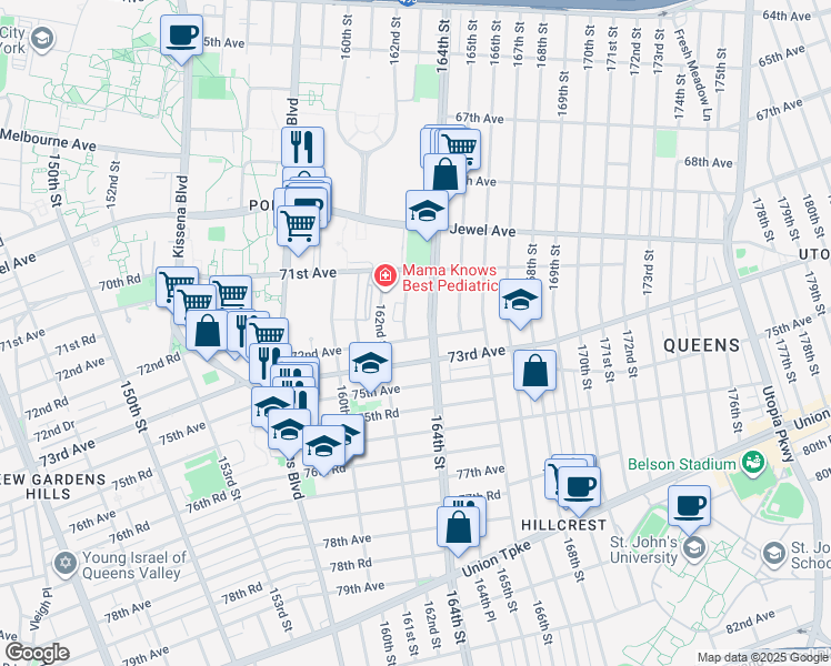 map of restaurants, bars, coffee shops, grocery stores, and more near 162-27 73rd Avenue in Queens