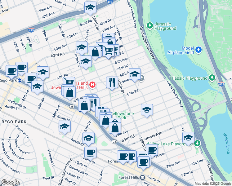 map of restaurants, bars, coffee shops, grocery stores, and more near 105-34 67th Avenue in Queens
