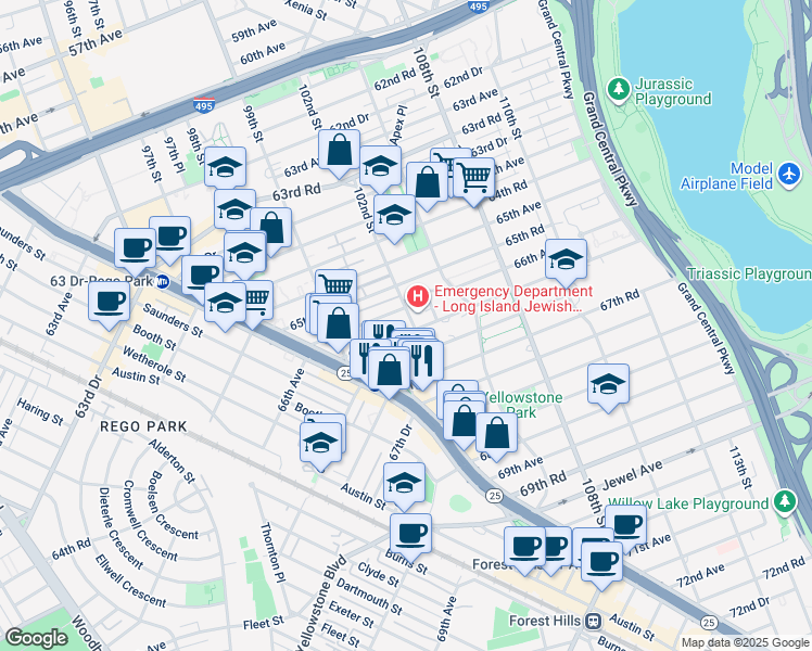 map of restaurants, bars, coffee shops, grocery stores, and more near 9952 66th Road in Queens