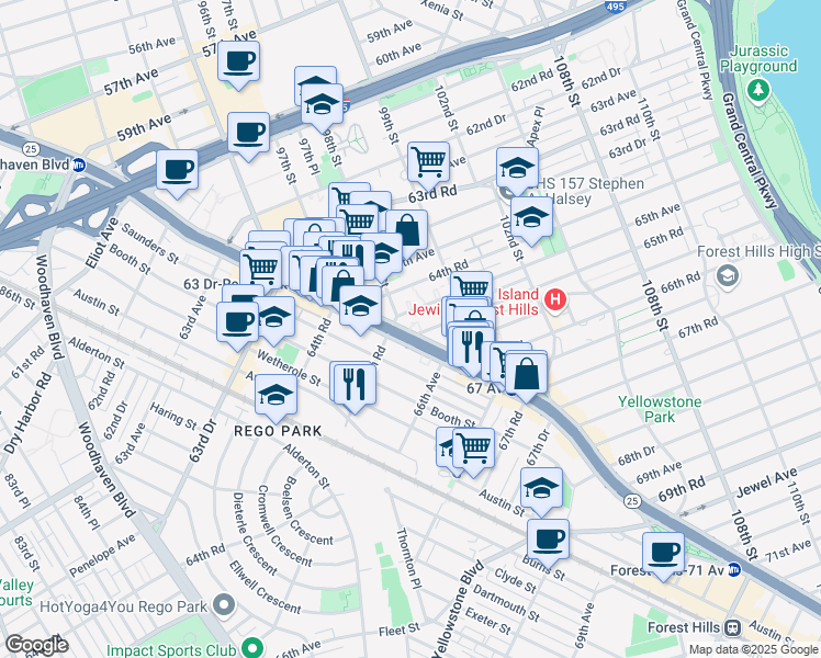map of restaurants, bars, coffee shops, grocery stores, and more near 98-28 Queens Boulevard in Queens