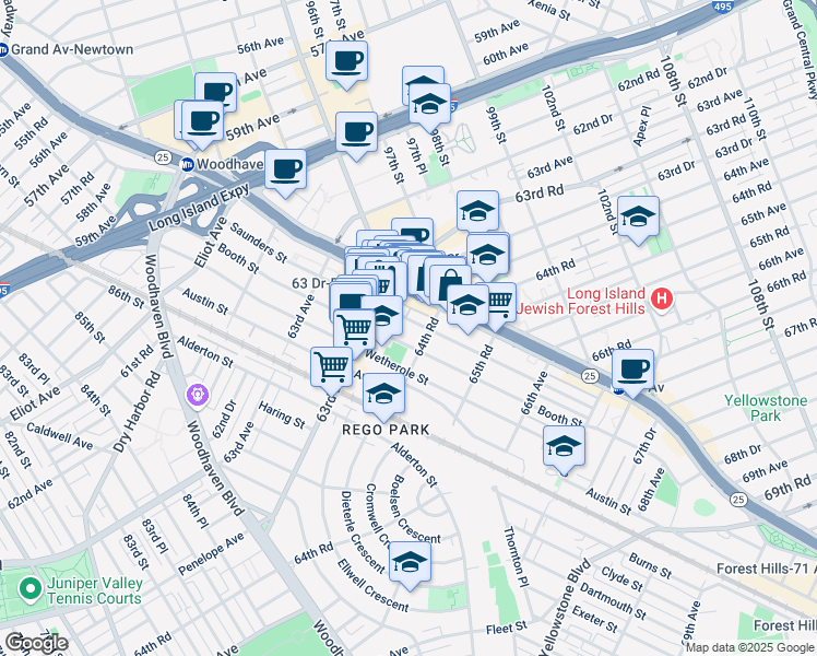 map of restaurants, bars, coffee shops, grocery stores, and more near 94-19 64th Road in Queens