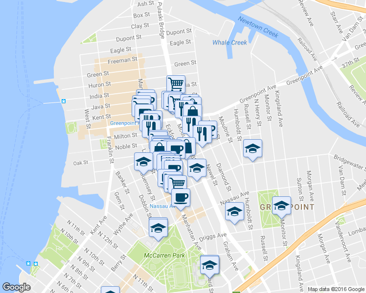 map of restaurants, bars, coffee shops, grocery stores, and more near 257 Eckford Street in Brooklyn