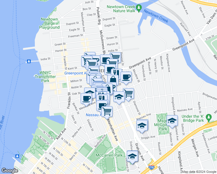 map of restaurants, bars, coffee shops, grocery stores, and more near 257 Eckford Street in Brooklyn