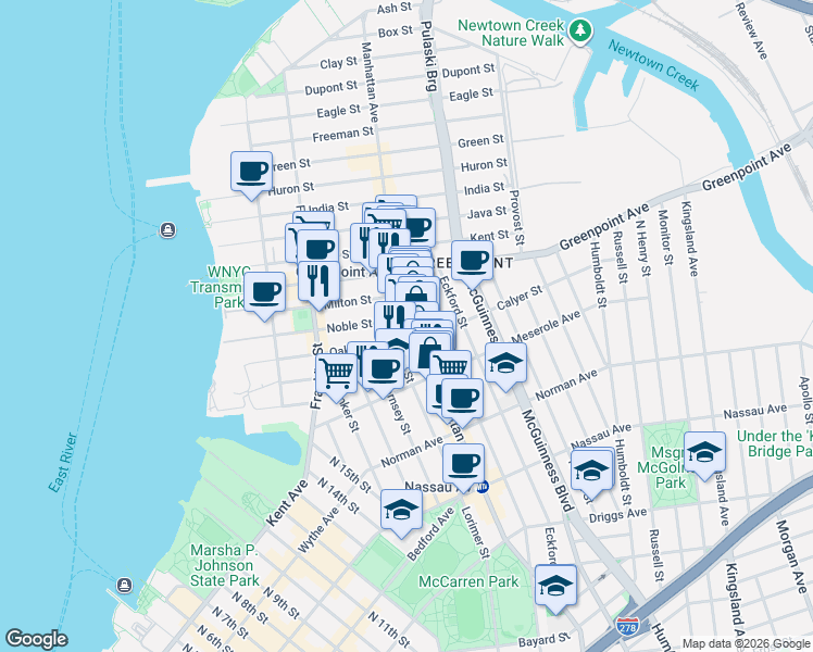 map of restaurants, bars, coffee shops, grocery stores, and more near 1097 Lorimer Street in Brooklyn