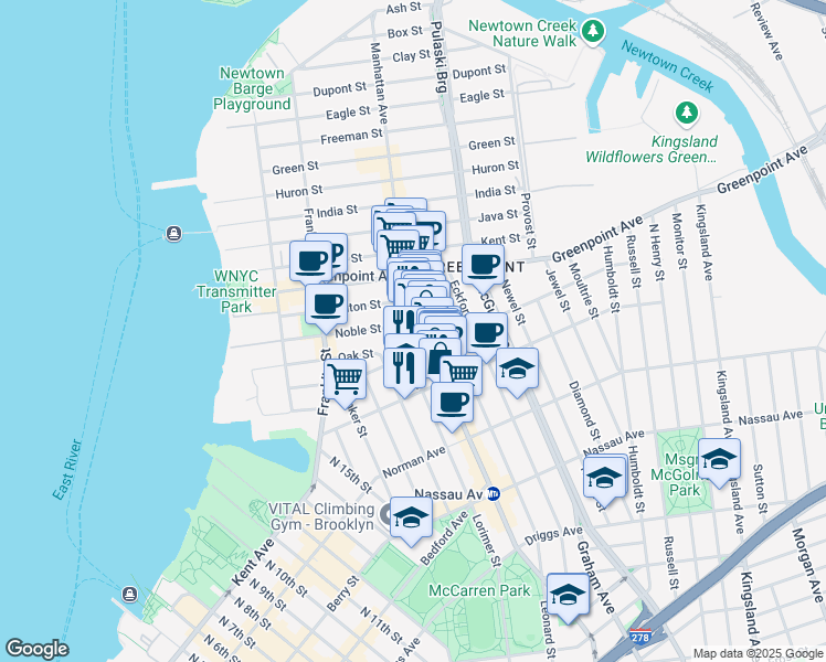 map of restaurants, bars, coffee shops, grocery stores, and more near 1097 Lorimer Street in Brooklyn