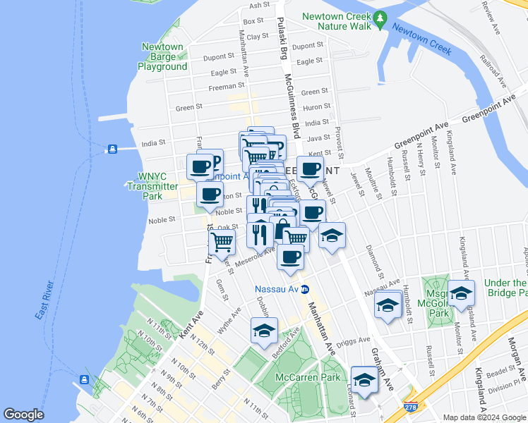 map of restaurants, bars, coffee shops, grocery stores, and more near 1097 Lorimer Street in Brooklyn
