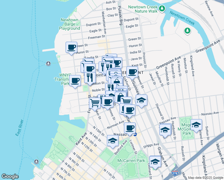 map of restaurants, bars, coffee shops, grocery stores, and more near 1097 Lorimer Street in Brooklyn