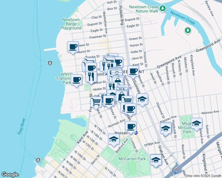map of restaurants, bars, coffee shops, grocery stores, and more near 1097 Lorimer Street in Brooklyn