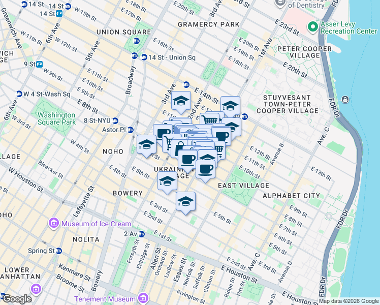 map of restaurants, bars, coffee shops, grocery stores, and more near 69 Saint Marks Place in New York