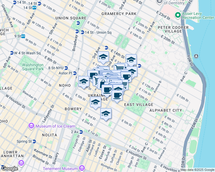 map of restaurants, bars, coffee shops, grocery stores, and more near 69 Saint Marks Place in New York