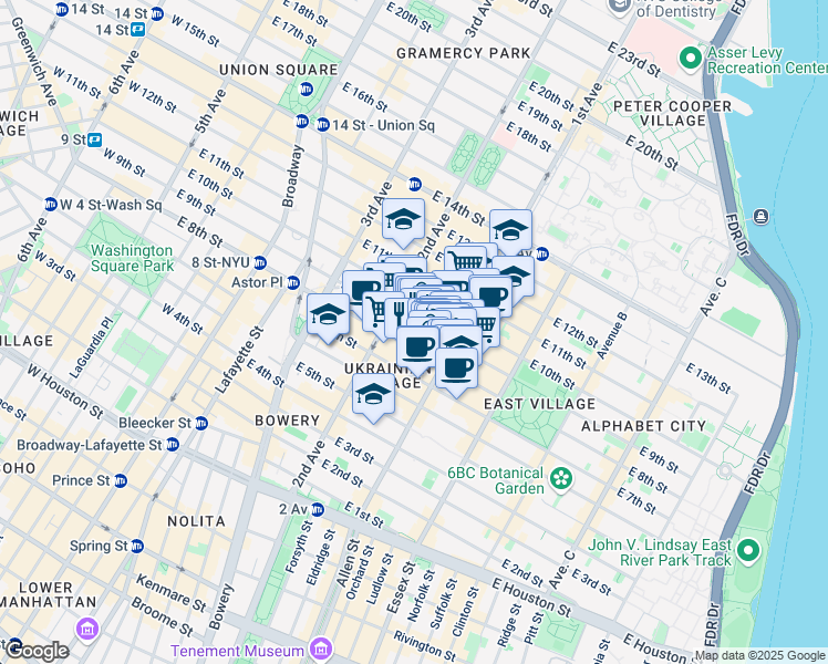 map of restaurants, bars, coffee shops, grocery stores, and more near 69 Saint Marks Place in New York