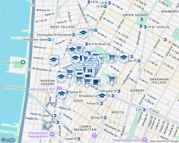 map of restaurants, bars, coffee shops, grocery stores, and more near 145 Bleecker Street in New York