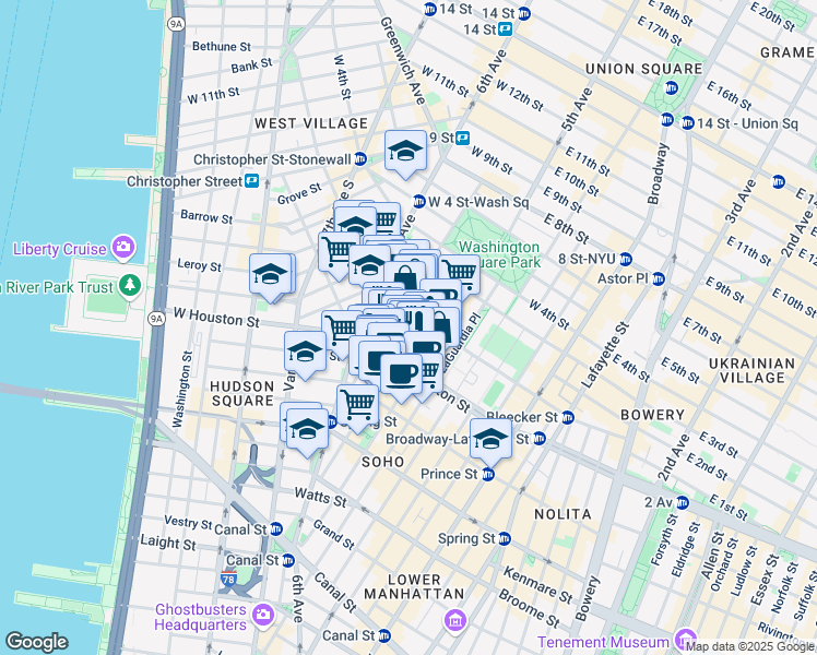 map of restaurants, bars, coffee shops, grocery stores, and more near 171 Sullivan Street in New York