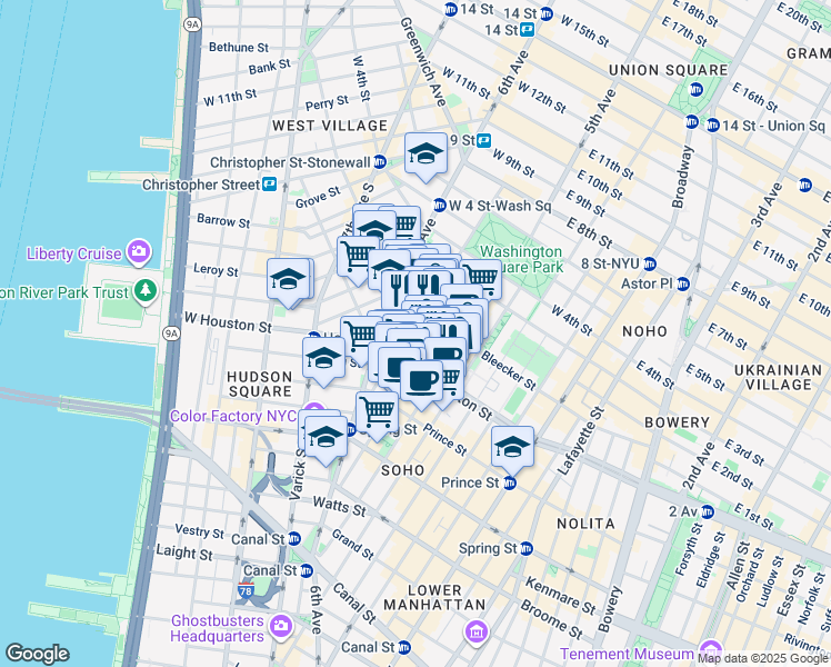 map of restaurants, bars, coffee shops, grocery stores, and more near 171 Sullivan Street in New York