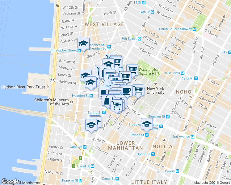 map of restaurants, bars, coffee shops, grocery stores, and more near Ave of the Americas in New York
