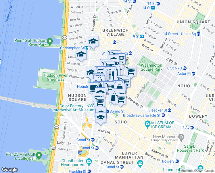 map of restaurants, bars, coffee shops, grocery stores, and more near 29 King Street in New York