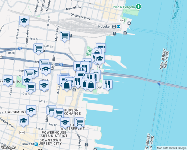 map of restaurants, bars, coffee shops, grocery stores, and more near 35 River Drive South in Jersey City