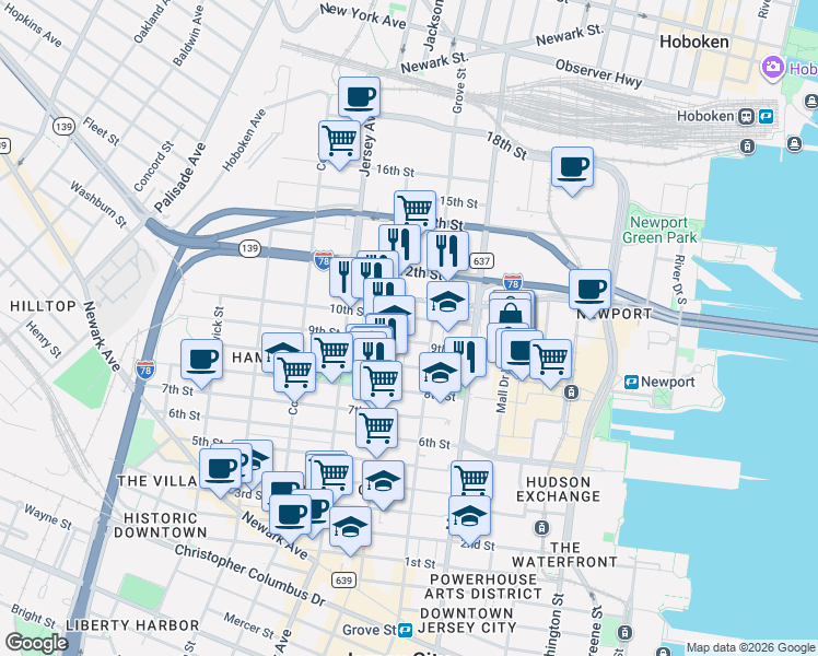 map of restaurants, bars, coffee shops, grocery stores, and more near 158 Erie Street in Jersey City