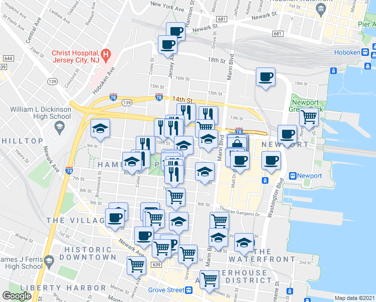 map of restaurants, bars, coffee shops, grocery stores, and more near 158 Erie Street in Jersey City