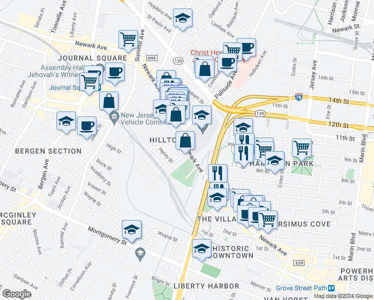 map of restaurants, bars, coffee shops, grocery stores, and more near 108 Waldo Avenue in Jersey City
