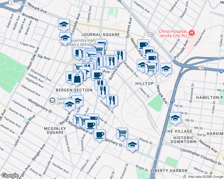 map of restaurants, bars, coffee shops, grocery stores, and more near 173 Baldwin Avenue in Jersey City