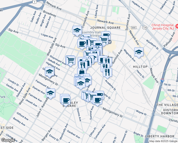 map of restaurants, bars, coffee shops, grocery stores, and more near 86 Tuers Avenue in Jersey City