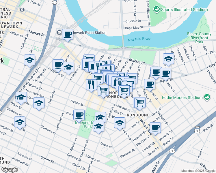 map of restaurants, bars, coffee shops, grocery stores, and more near in Newark