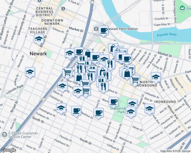 map of restaurants, bars, coffee shops, grocery stores, and more near 154 Elm Street in Newark