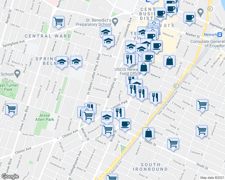 map of restaurants, bars, coffee shops, grocery stores, and more near 490 Washington Street in Newark